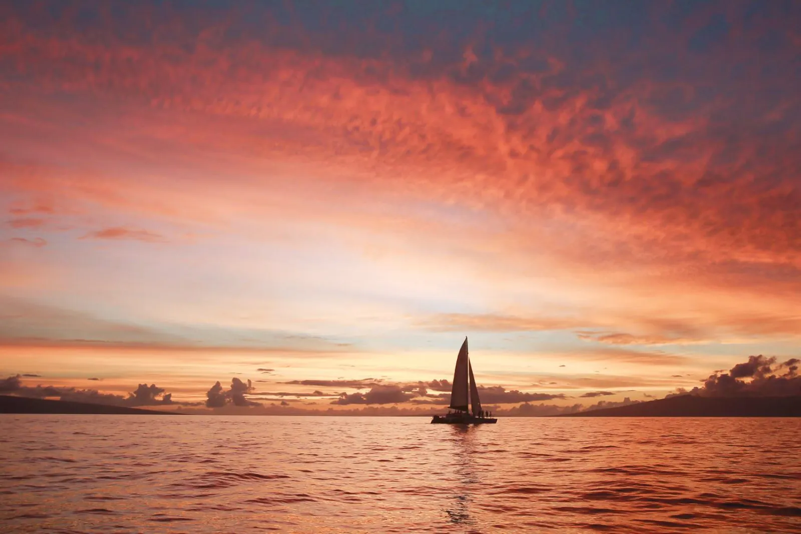 Catamaran silhouetted under sail beneath a fiery red and orange sunset sky