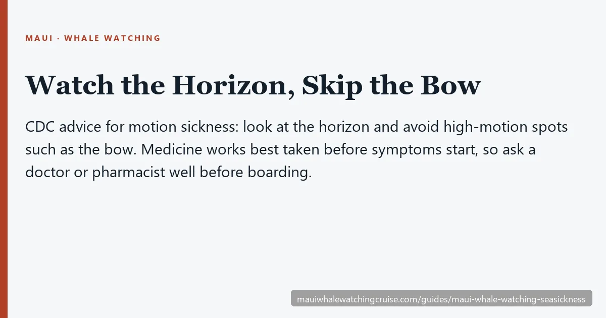 CDC motion-sickness advice for a whale watch: watch the horizon and avoid the bow