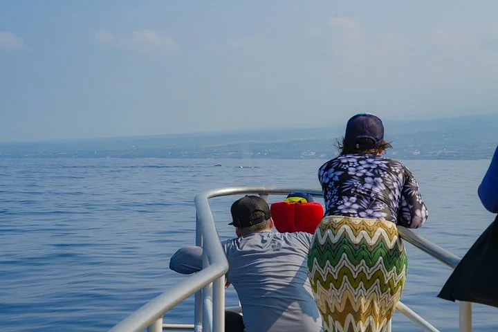 Guests at the bow rail scanning calm water toward a distant hazy coastline