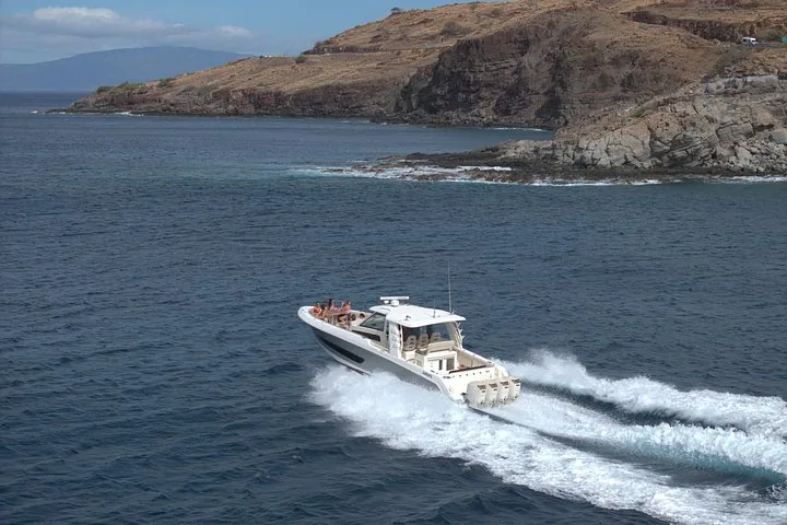 White powerboat with guests on the bow cruising past a dry, rocky headland