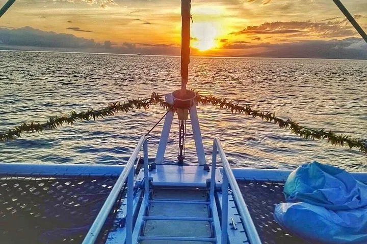 Sun setting over the sea beyond a catamaran bow strung with a green lei