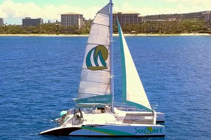 Sea Maui II sailing catamaran under white sails off a beach lined with hotels