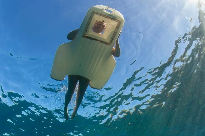 Snorkeler seen from below looking through the clear window of a sea board