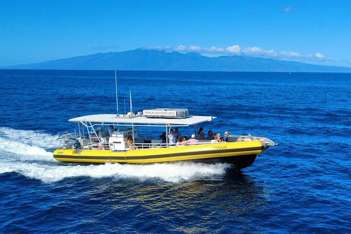 Yellow Makai Adventures boat with a white canopy speeding past a distant island
