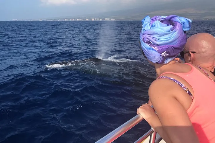 Guest in a headscarf at the rail watching a humpback blow beside the boat