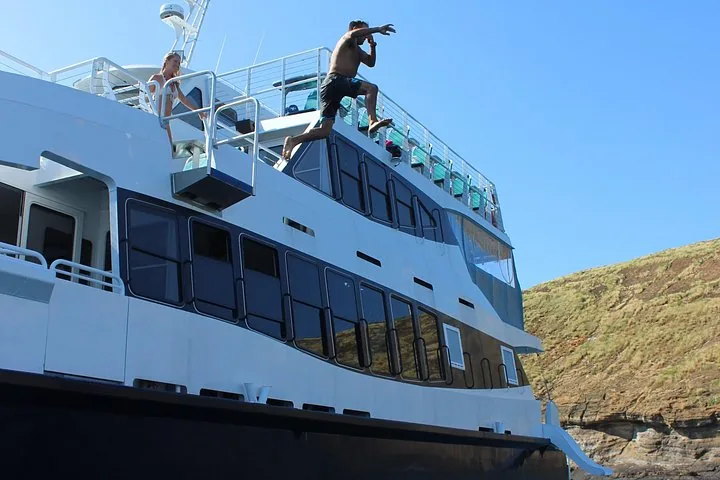 Guest jumping from the upper-deck platform of a large white catamaran beside a grassy slope